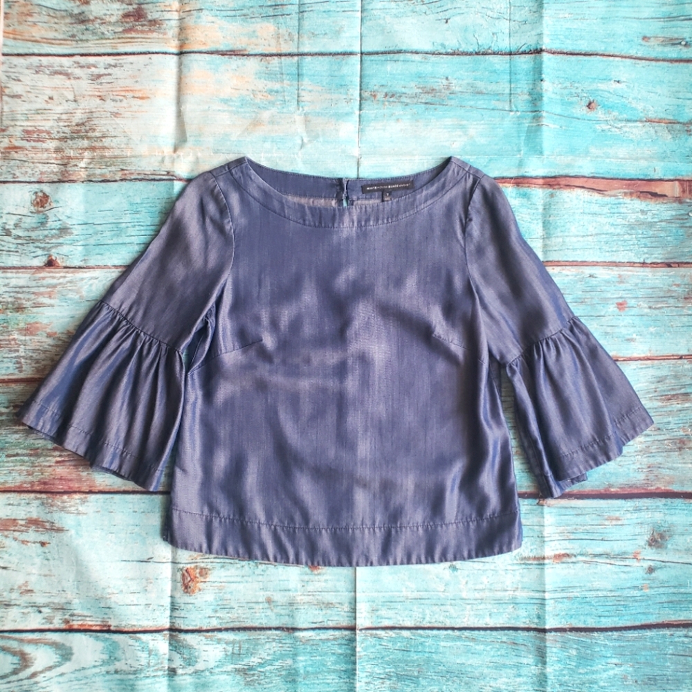 White House Black Market denim blue ruffle sleeve blouse size 2